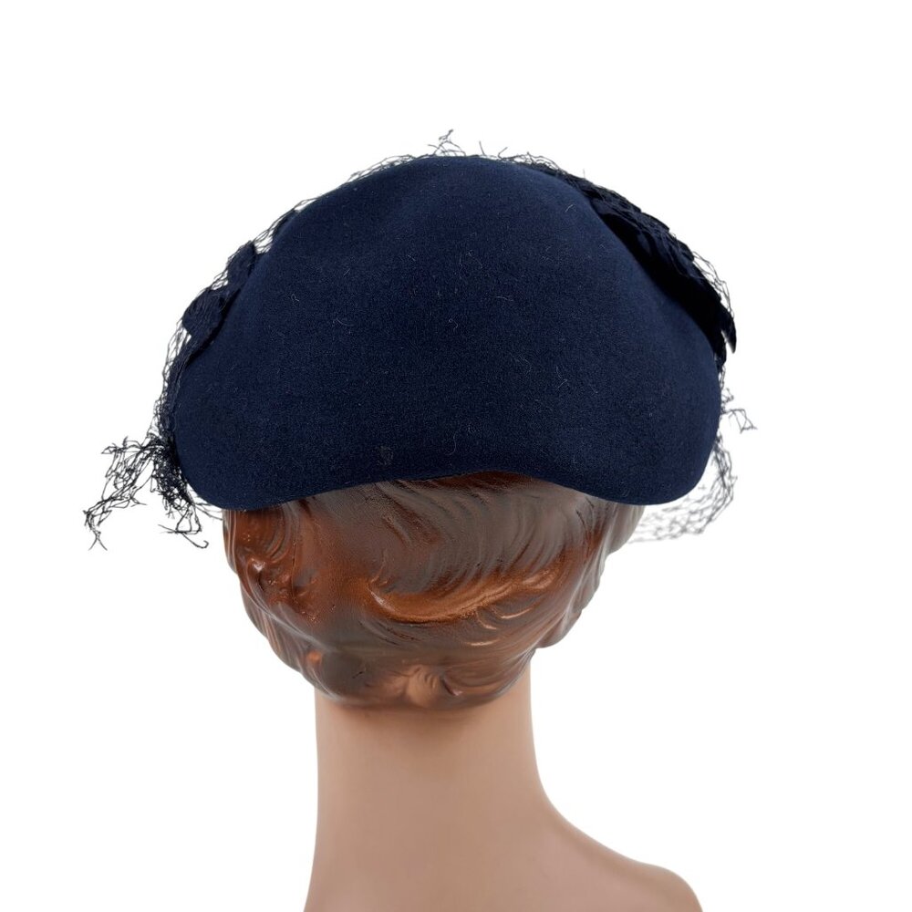 Vintage 50s Navy Hat Blue Veil Wool Scaled Calot Starling - Picture 5 of 11